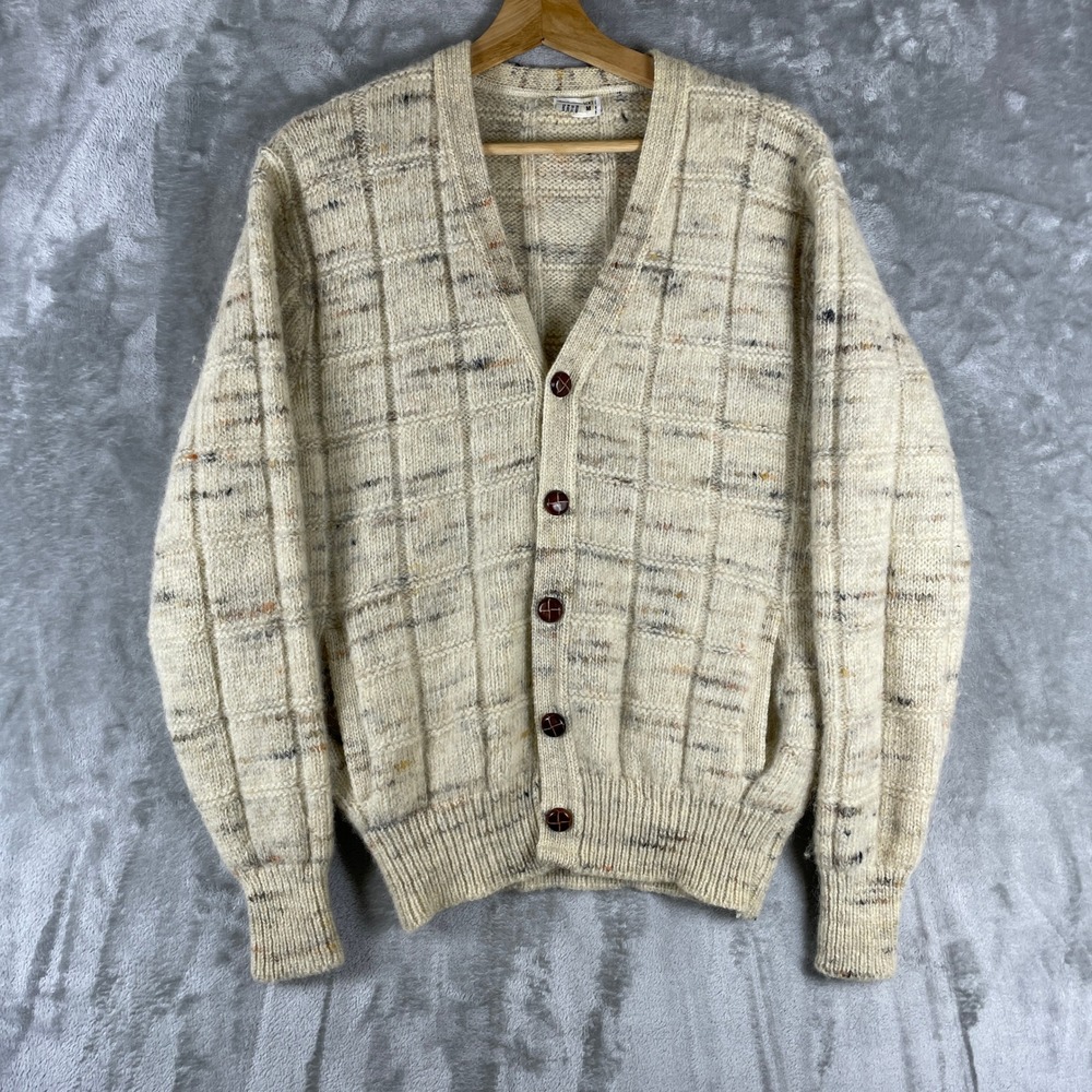 Vintage Wool Cardigan Mens Medium Chunky Knit Button Front Made in USA Grandpa